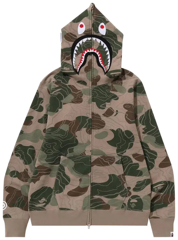 BAPE Layered Line Camo Shark Full Zip Hoodie Beige