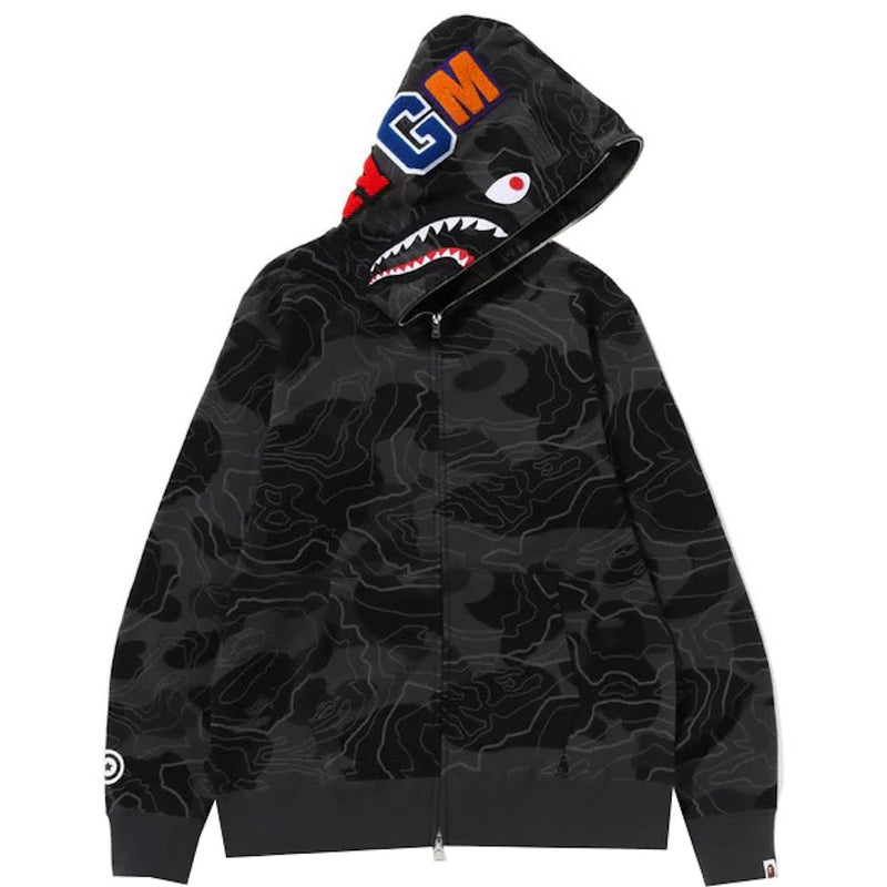 BAPE Layered Line Camo Shark Full Zip Hoodie Black
