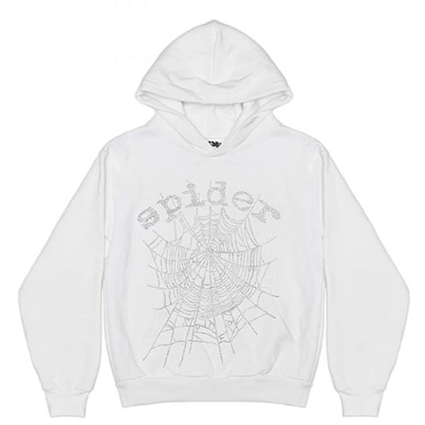 Sp5der OG Rhinestone Logo Hoodie White